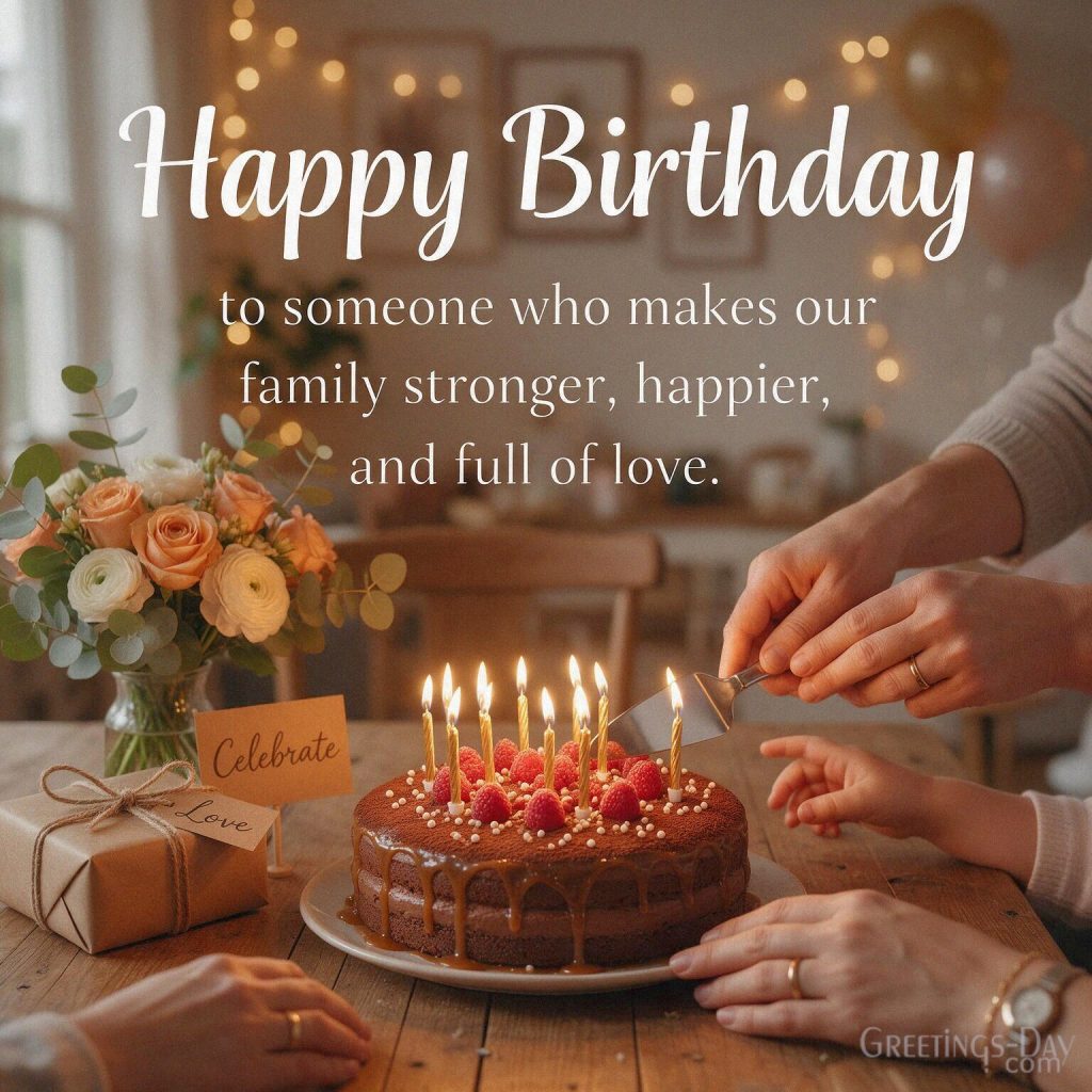 Happy Birthday Message for family image featuring “Happy Birthday to someone who makes our family stronger