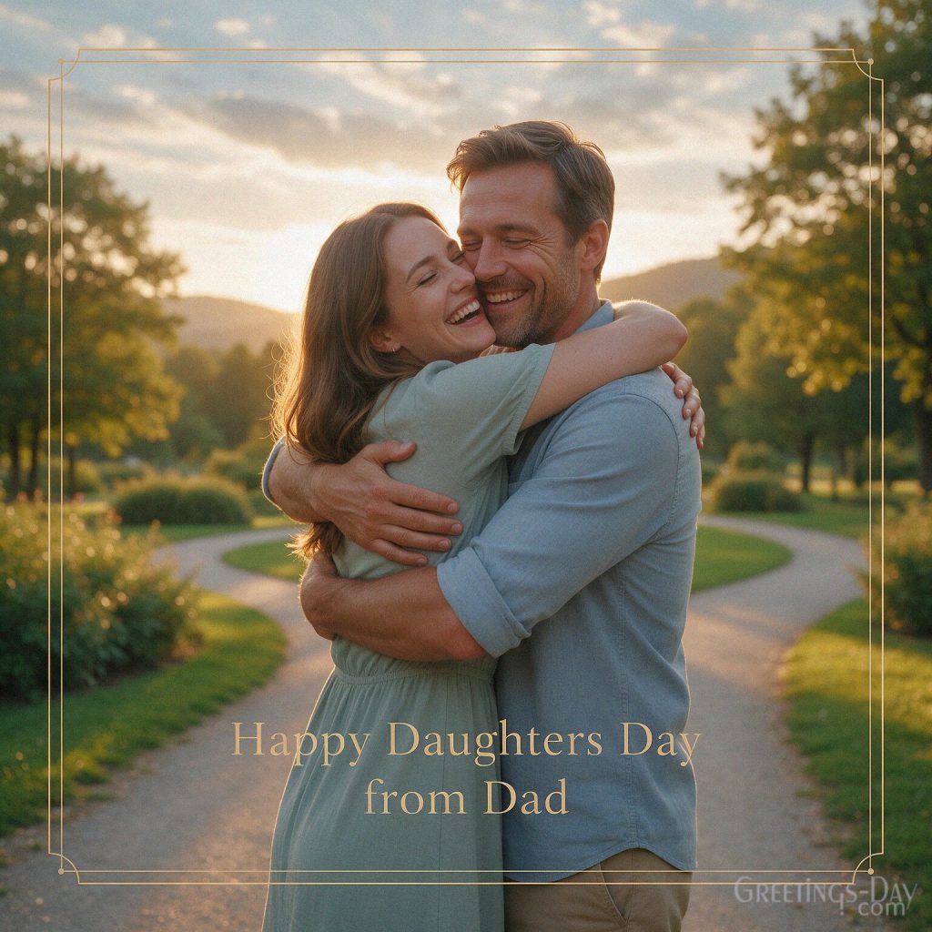 National Daughters Day card from Dad showing a father hugging his daughter at sunset with a heartfelt greeting. with the text 