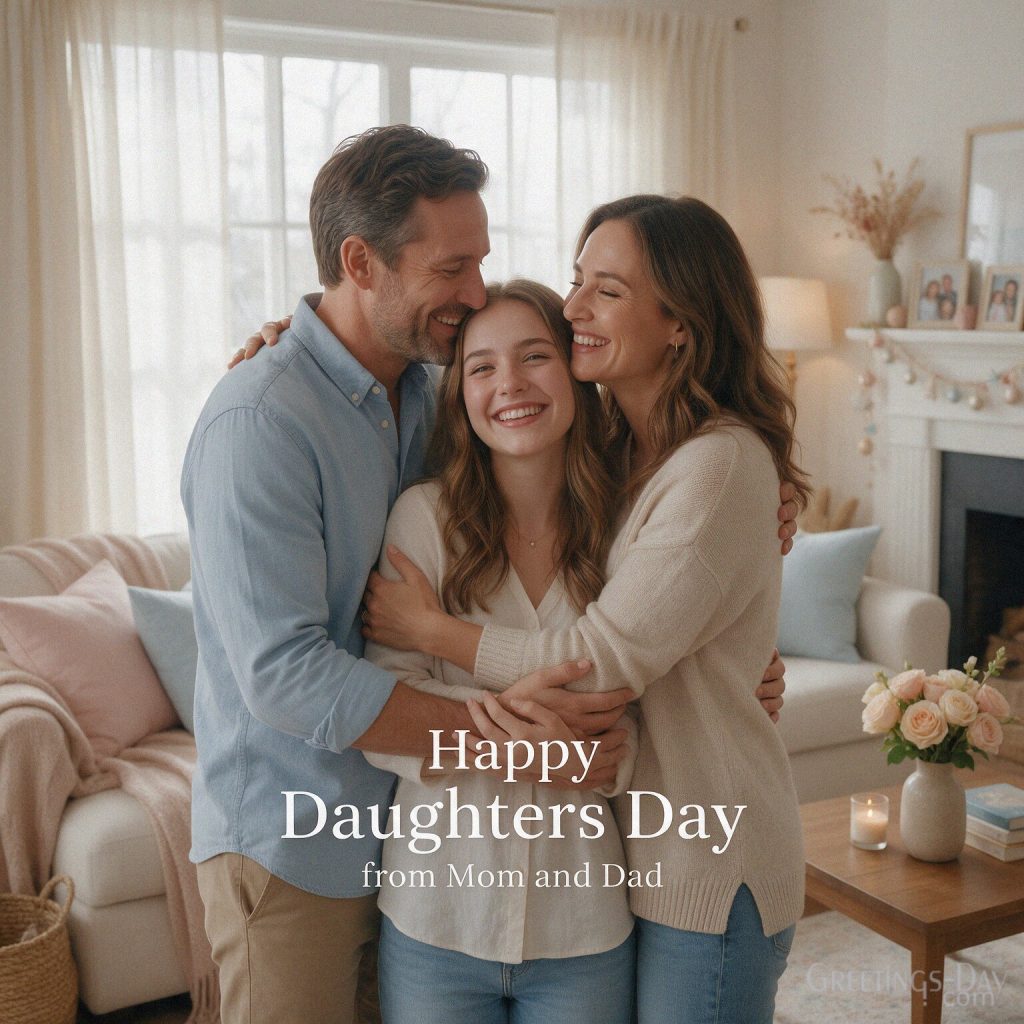 National Daughters Day card from Mom and Dad showing loving parents embracing their adult daughter. with the text 