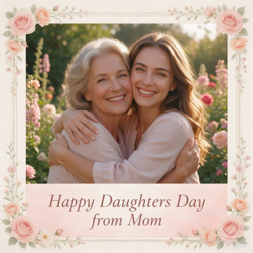 Heartfelt National Daughters Day card showing a mother hugging her adult daughter with “Happy Daughters Day from Mom.” with the text