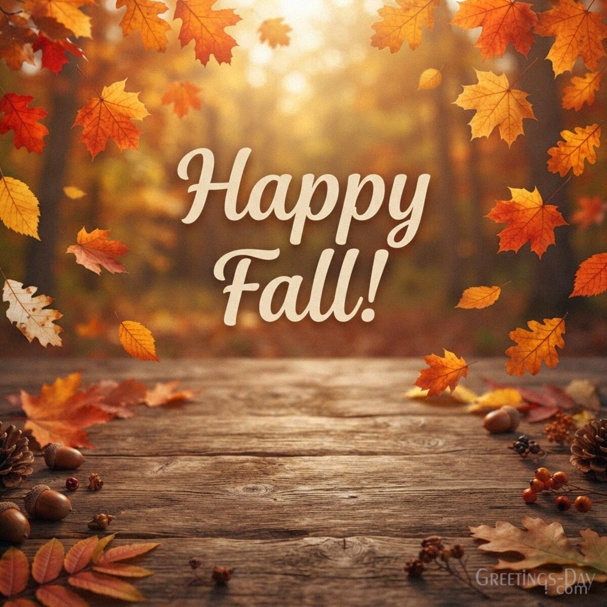 Happy Fall card with golden maple leaves
