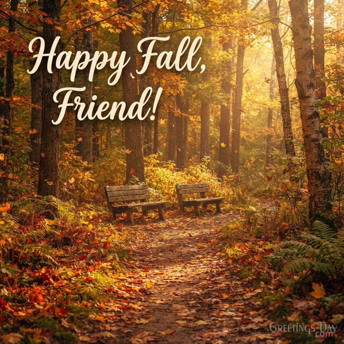 Happy Fall Friend card with a golden woodland path