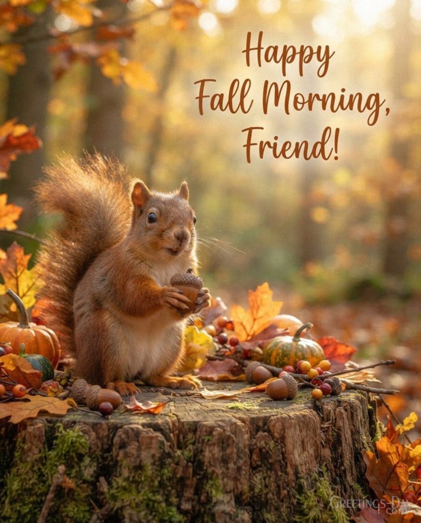 Happy Fall Morning image for a friend with a cute squirrel holding an acorn among colorful autumn leaves and the greeting “Happy Fall Morning