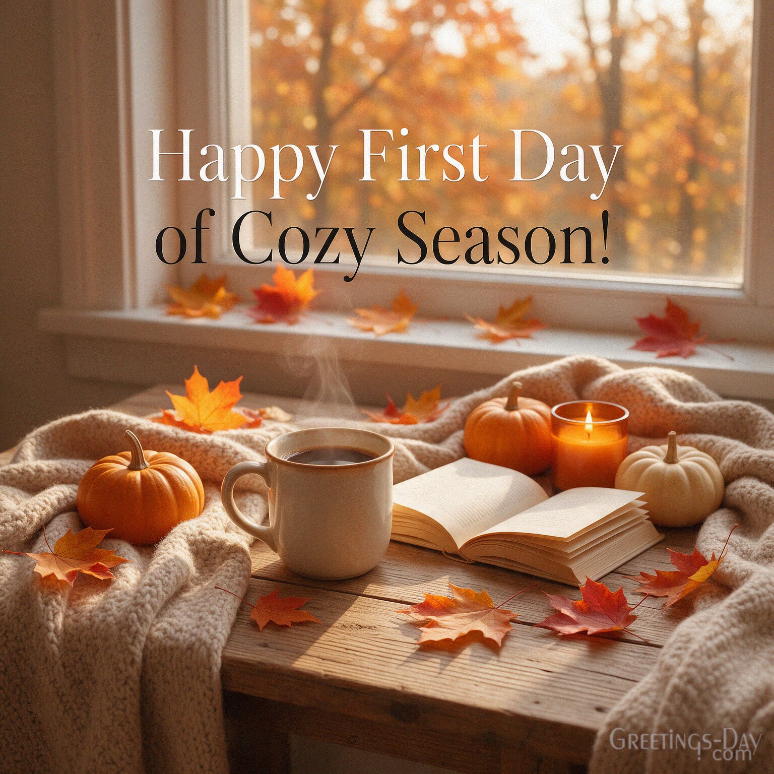 Happy First Day of Fall cozy image with coffee