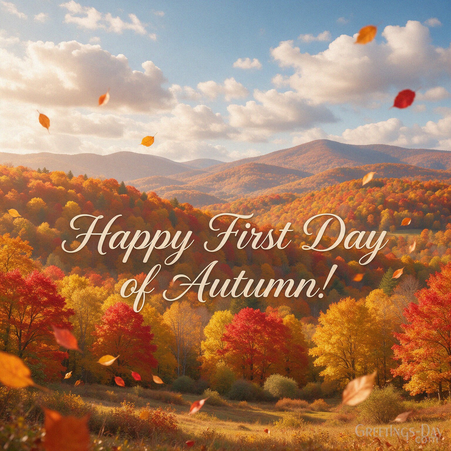 Happy First Day of Autumn image with colorful fall landscape