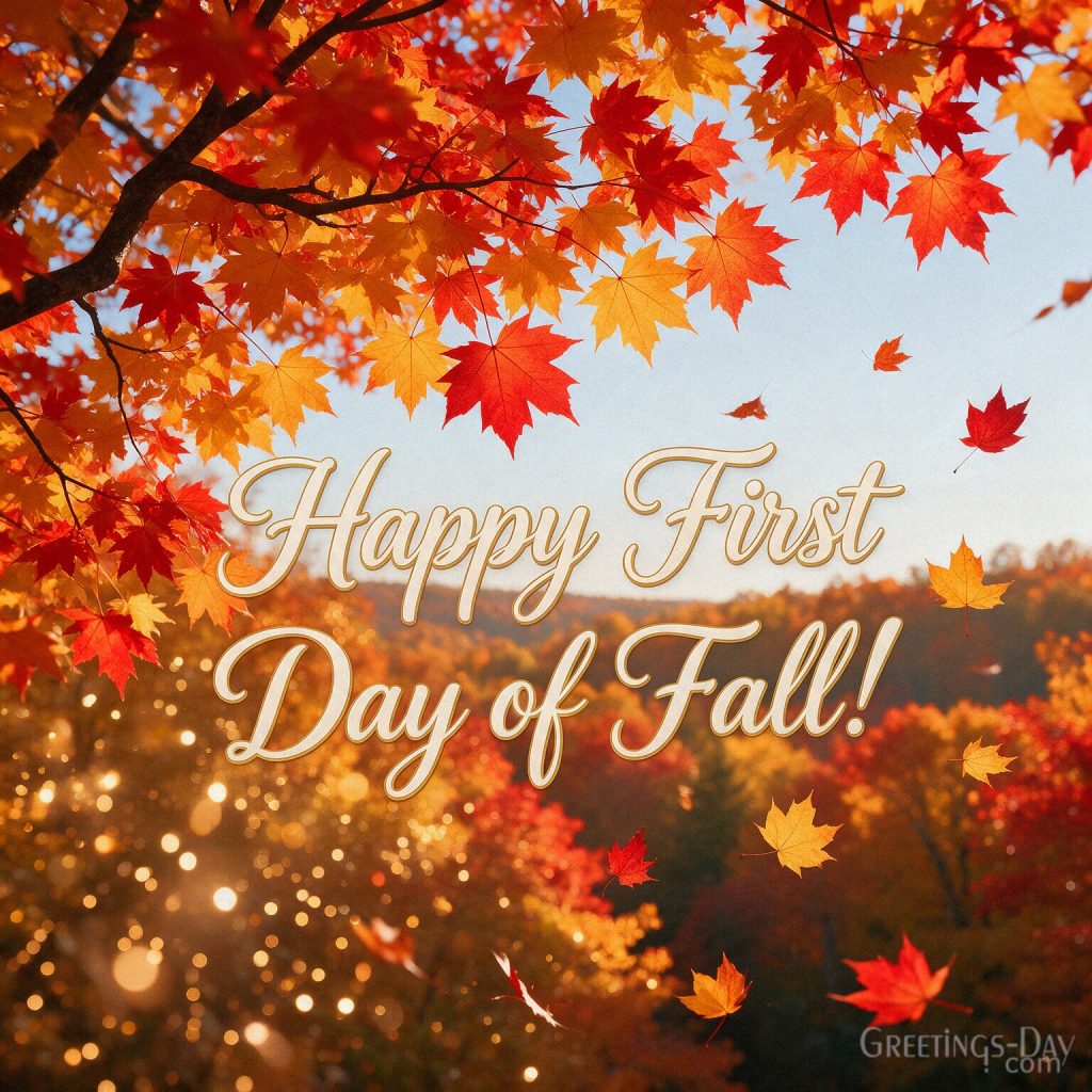 Happy First Day of Fall image with golden maple leaves and warm autumn sunlight featuring “Happy First Day of Fall!” with the text 