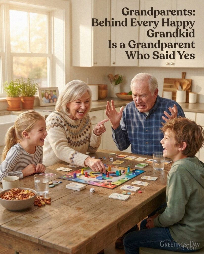 Funny grandparents message with laughing grandchildren and “Behind Every Happy Grandkid Is a Grandparent Who Said Yes” with the text
