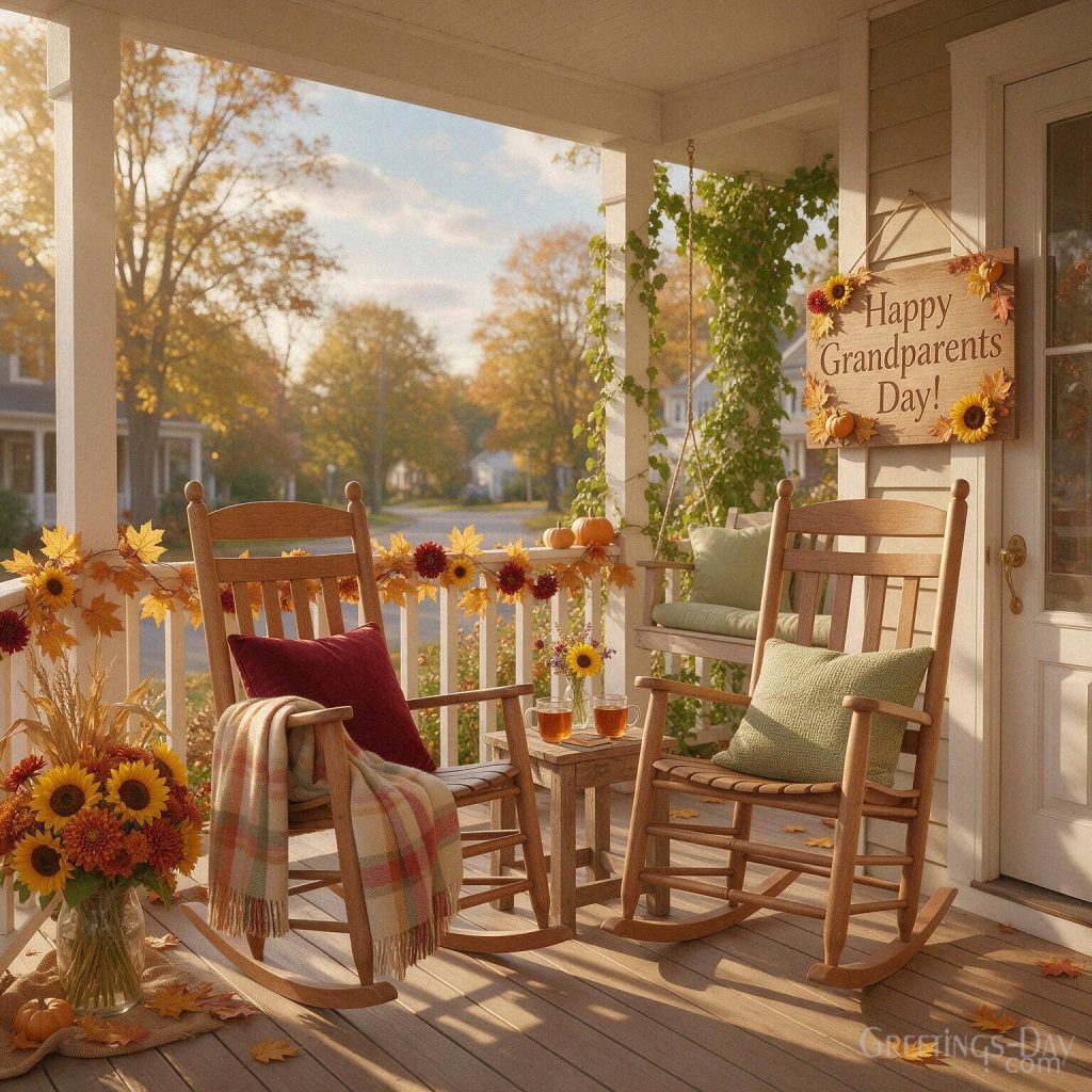 Happy Grandparents Day autumn card with two rocking chairs