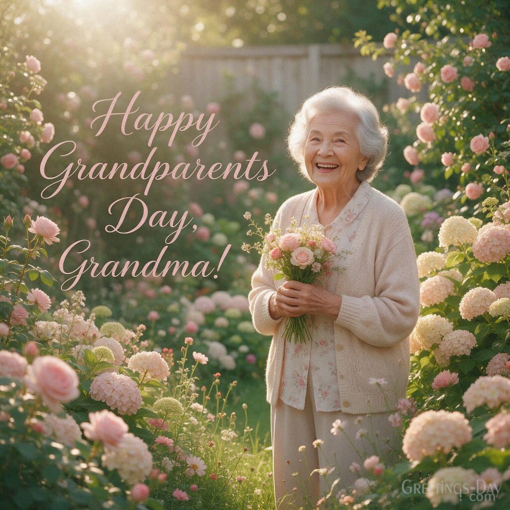 Happy Grandparents Day Grandma card with a loving grandmother surrounded by beautiful roses and garden flowers with the text