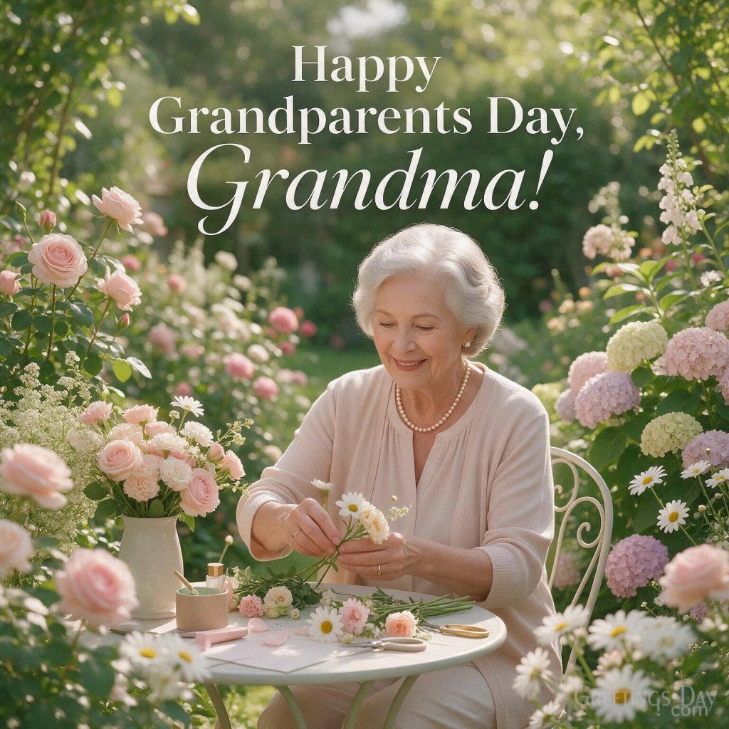 Happy Grandparents Day Grandma image with a loving grandmother arranging colorful flowers in a sunny garden with the text 
