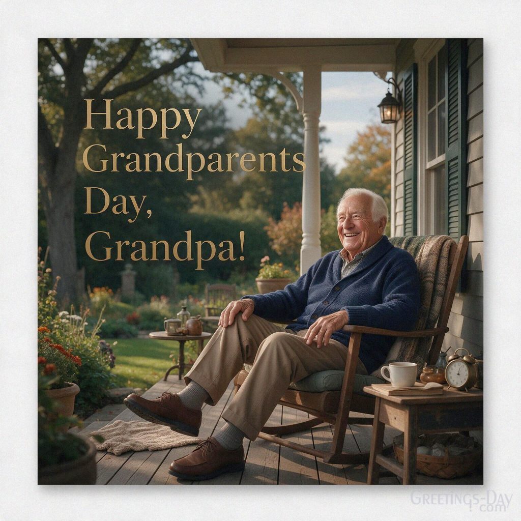 Happy Grandparents Day Grandpa card with a smiling grandfather relaxing on a classic wooden garden porch with the text