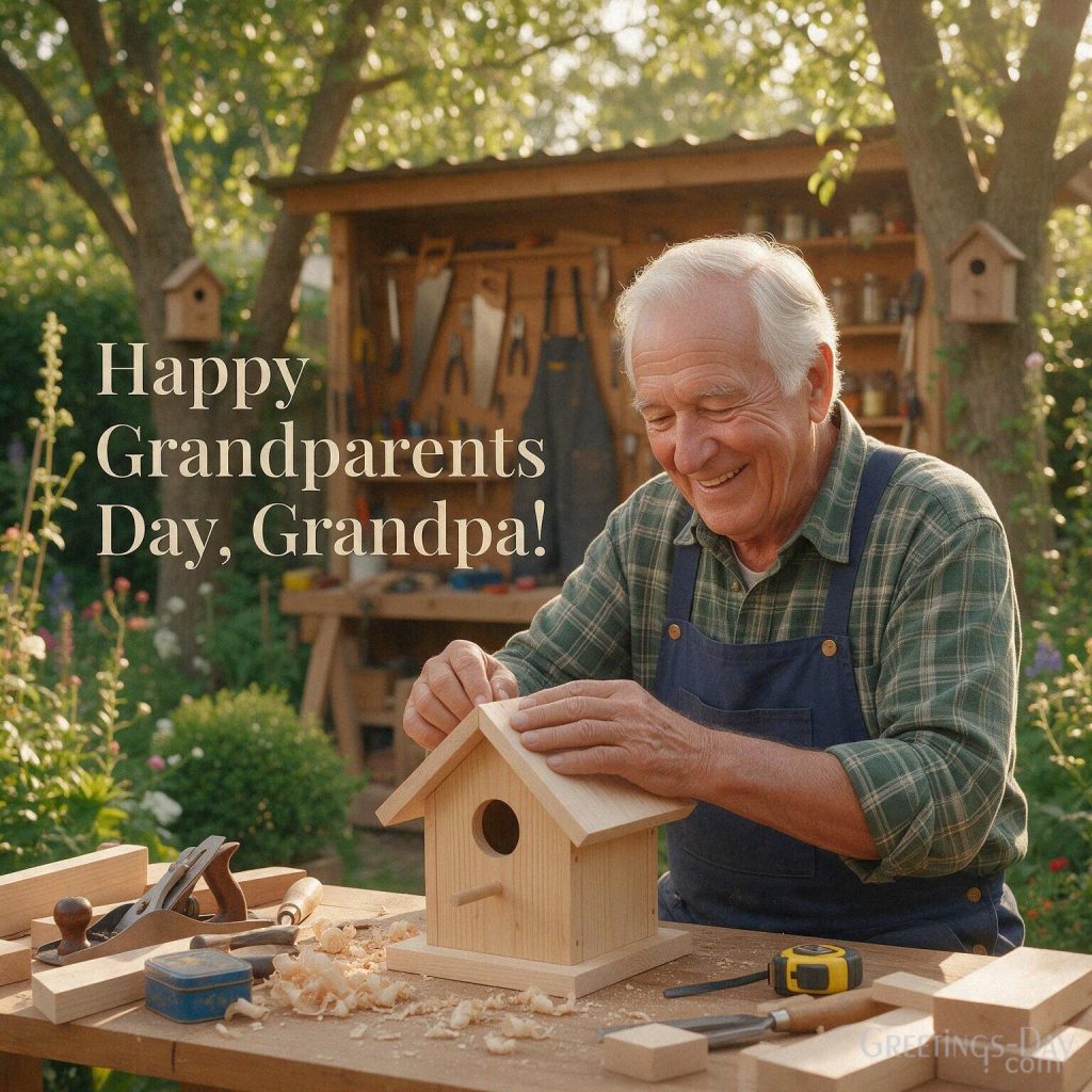Happy Grandparents Day Grandpa image with a smiling grandfather making a wooden birdhouse in his garden with the text