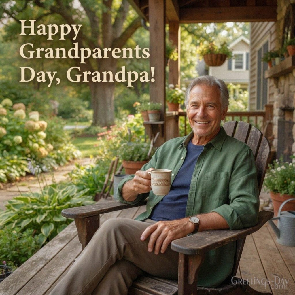 Happy Grandparents Day Grandpa wishes image with a smiling grandfather relaxing on a sunny wooden porch with the text