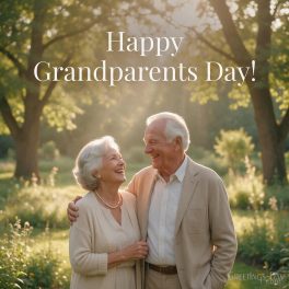 Happy Grandparents Day image with loving Grandma and Grandpa together in a beautiful sunlit garden with the text "Happy Grandparents Day!"