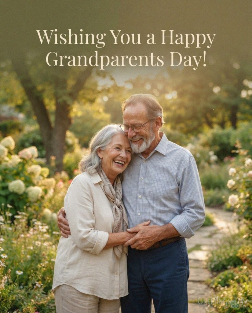 Happy Grandparents Day wishes image featuring smiling grandparents surrounded by warm golden sunlight and flowers with the text 