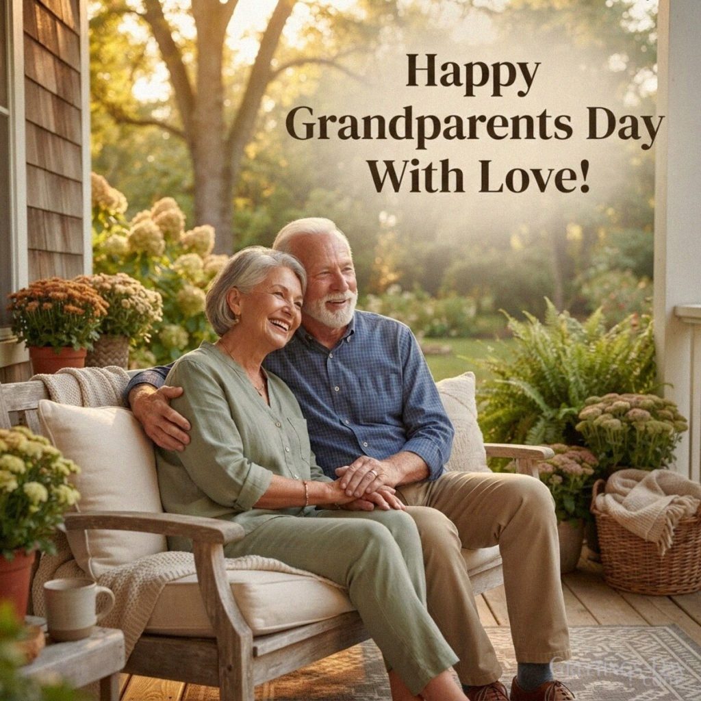 Happy Grandparents Day With Love wishes image featuring Grandma and Grandpa together on a warm September porch with the text