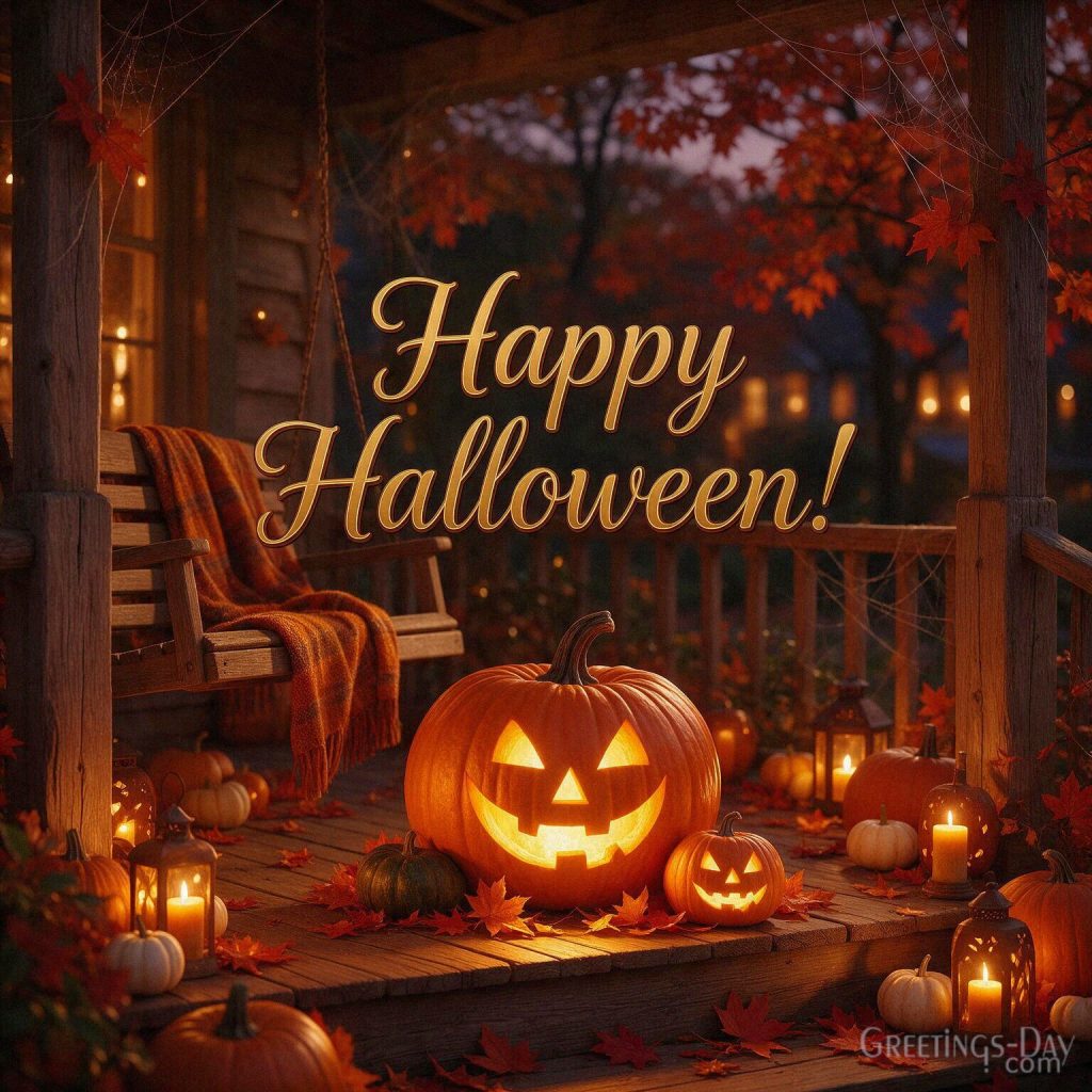 Happy Halloween greeting with glowing jack-o'-lanterns
