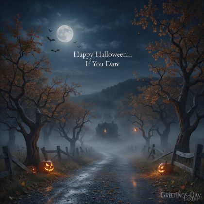 Happy Halloween If You Dare greeting with eerie moonlit road