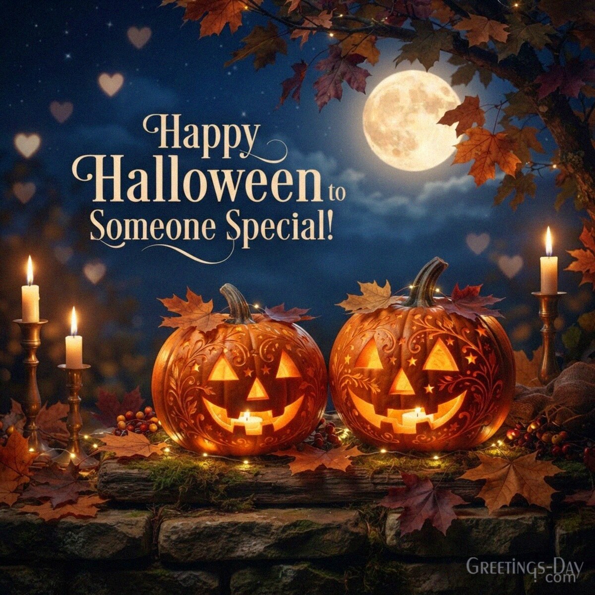 Happy Halloween wishes for someone special with two glowing pumpkins