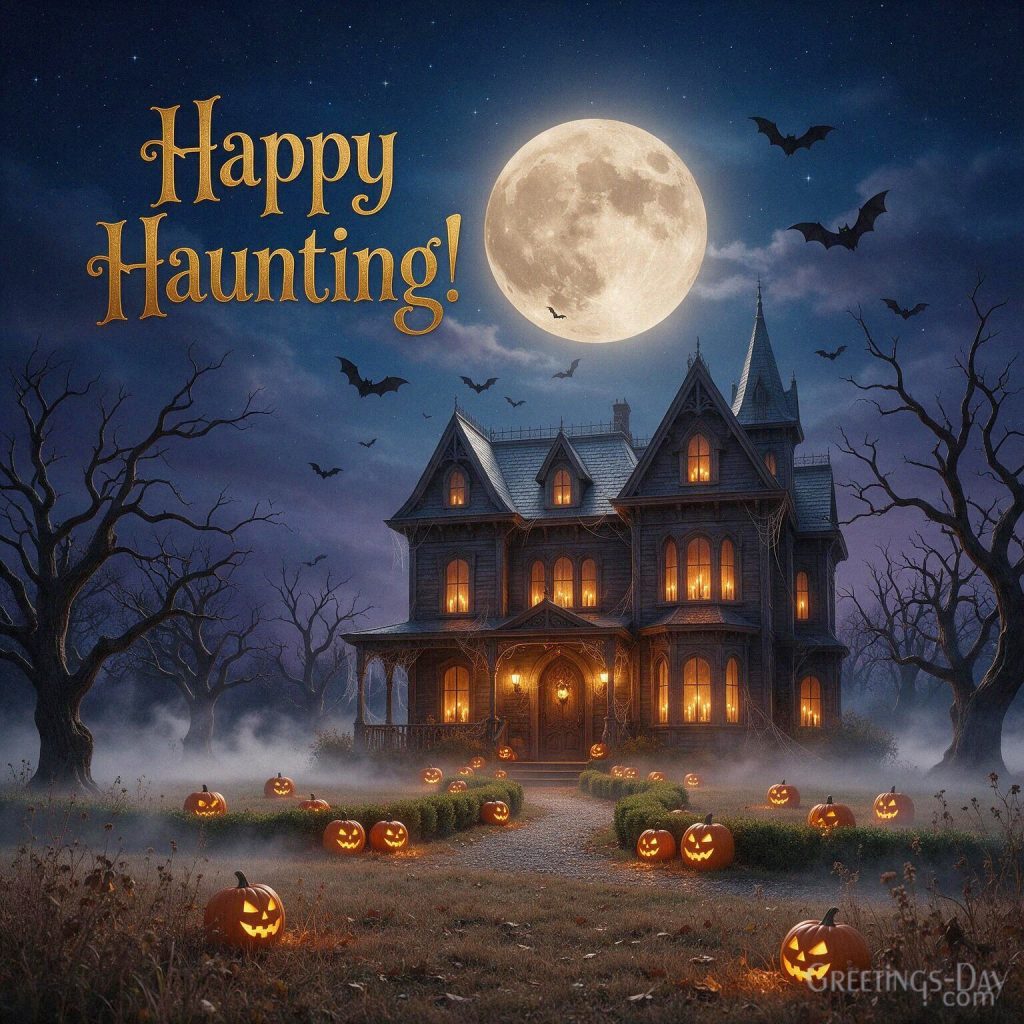 Happy Haunting Halloween greeting with haunted Victorian house