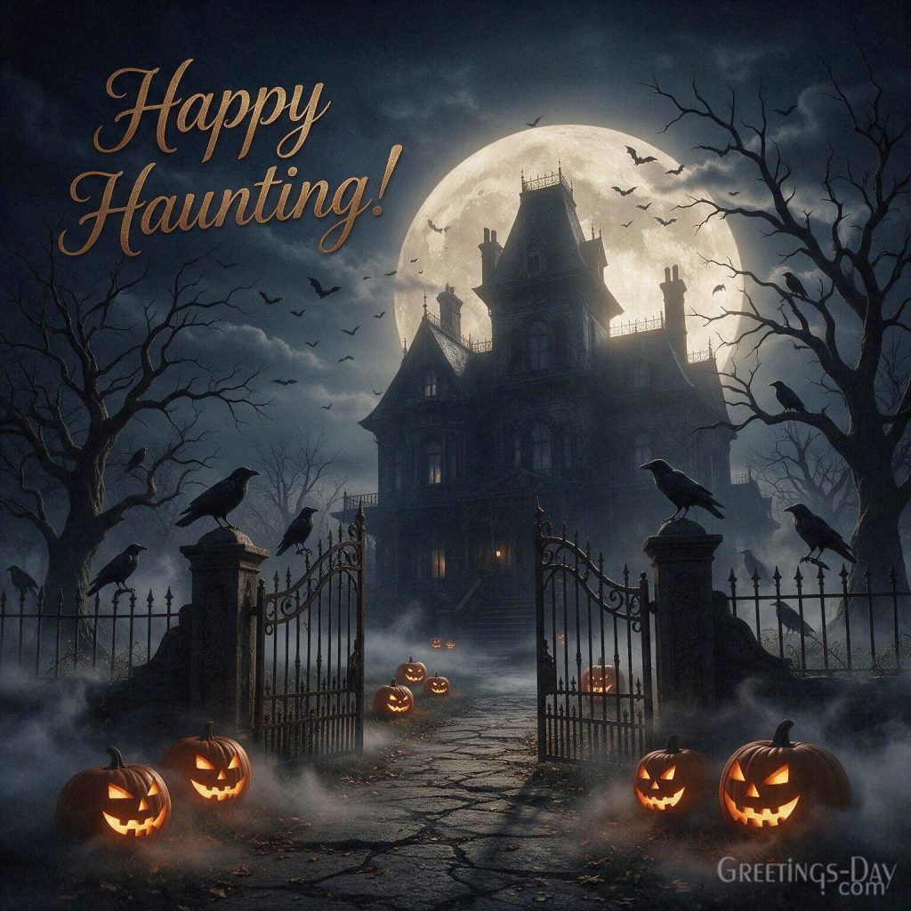 Happy Haunting Halloween greeting with abandoned Victorian mansion