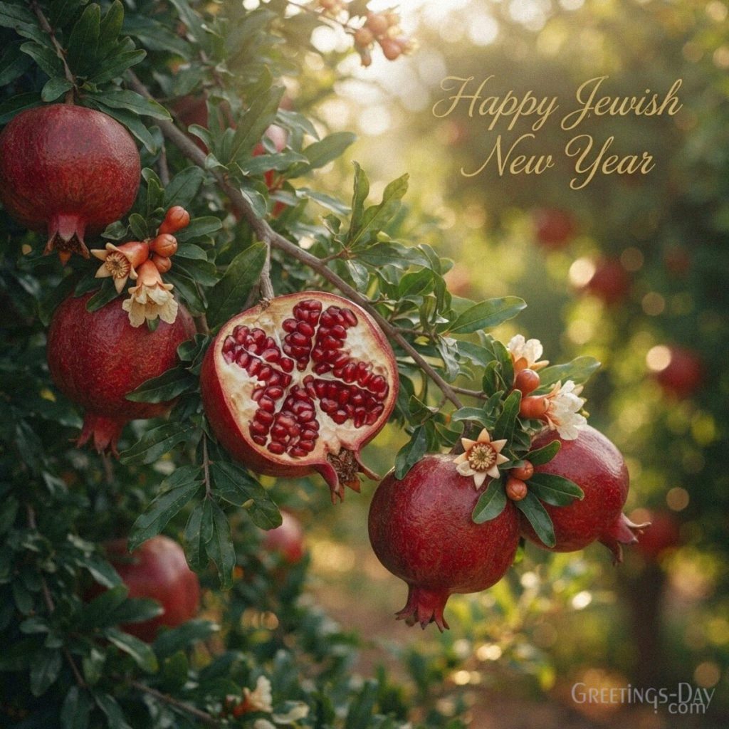 Happy Jewish New Year image with ruby-red pomegranates