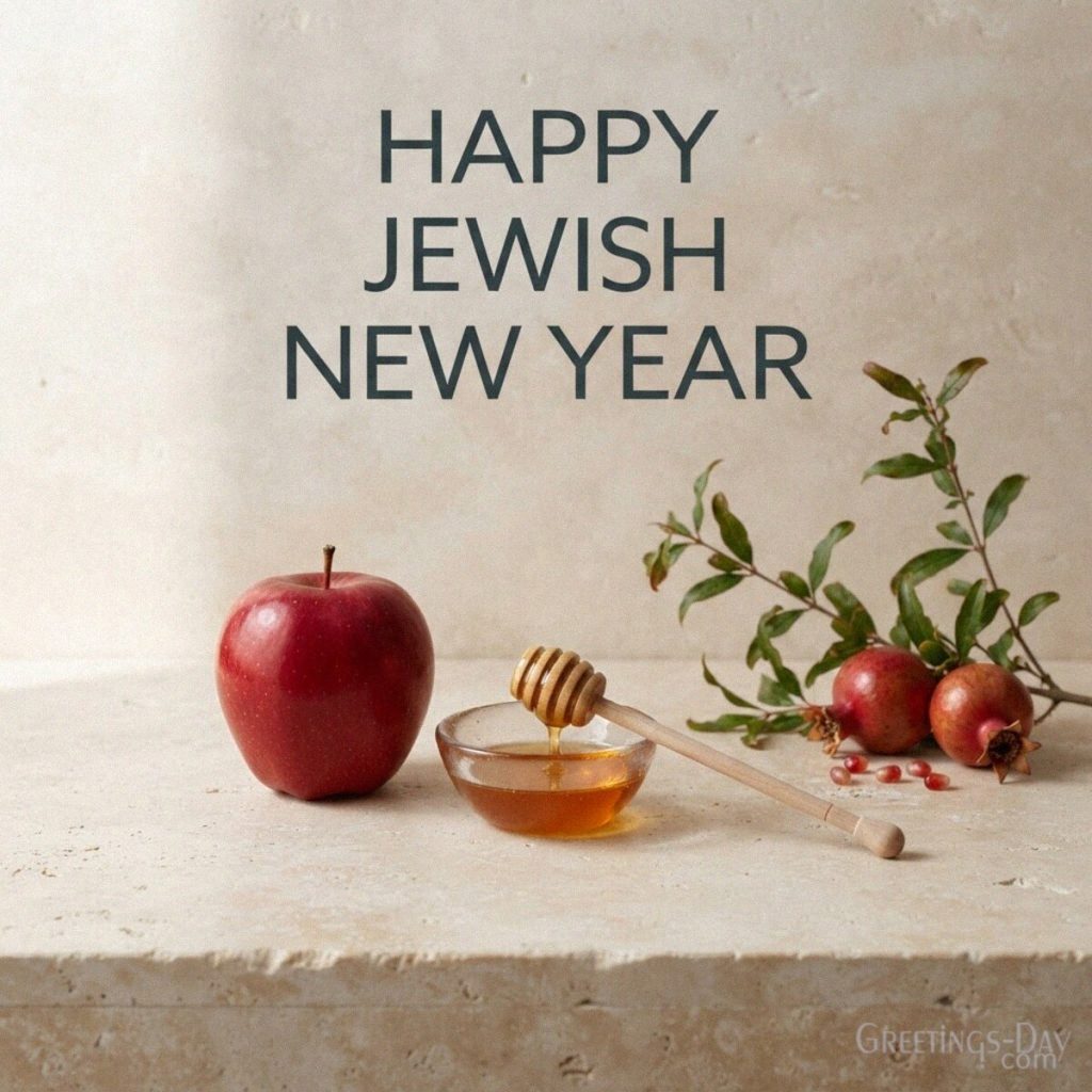 Happy Jewish New Year image with a red apple