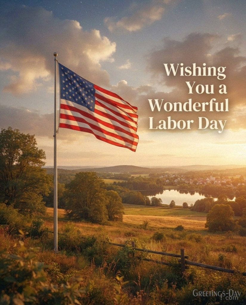 Patriotic Labor Day greeting card with waving American flag and “Wishing You a Happy Labor Day” message with the text 