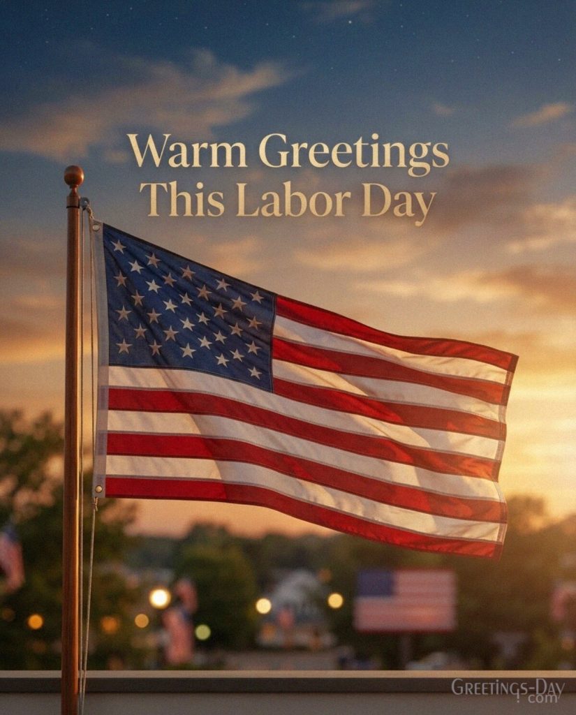 Patriotic Labor Day greeting card with waving American flag and “Wishing You a Happy Labor Day” message with the text