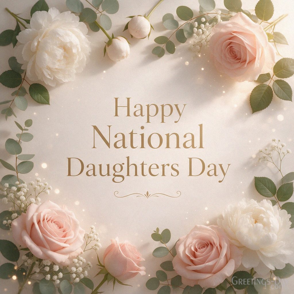 Floral National Daughters Day wishes card reading “Happy National Daughters Day” with elegant flowers and a warm family design. with the text