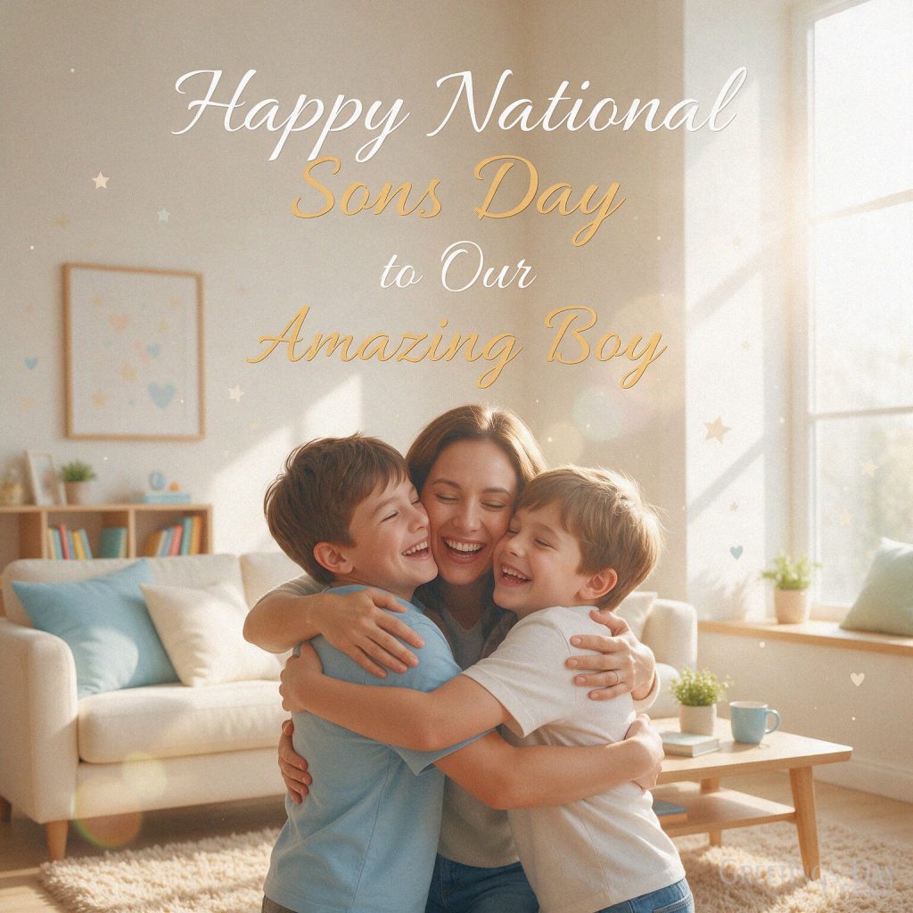 Happy National Sons Day image for an amazing young son sharing a joyful family hug with the text 