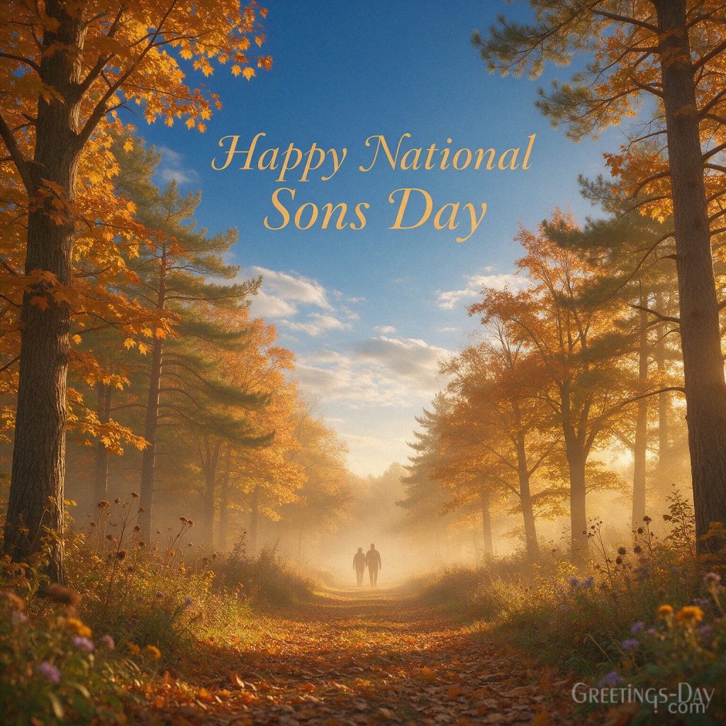 Happy National Sons Day autumn image with a parent and adult son walking at sunrise with the text 