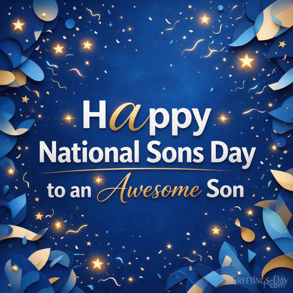 Colorful Happy National Sons Day image for an awesome son with golden stars and confetti with the text