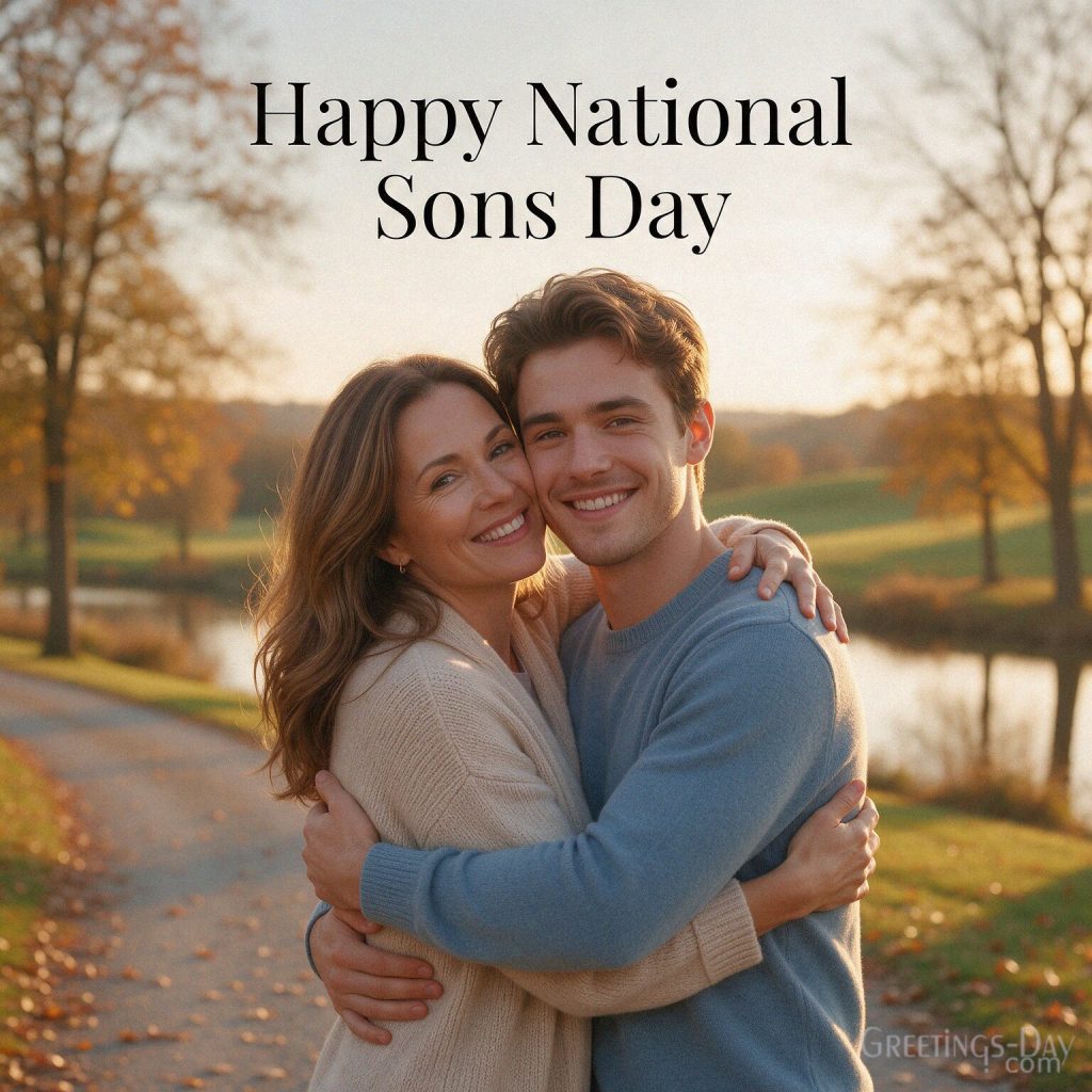 Happy National Sons Day image of a loving mother hugging her adult son at a golden sunset with the text