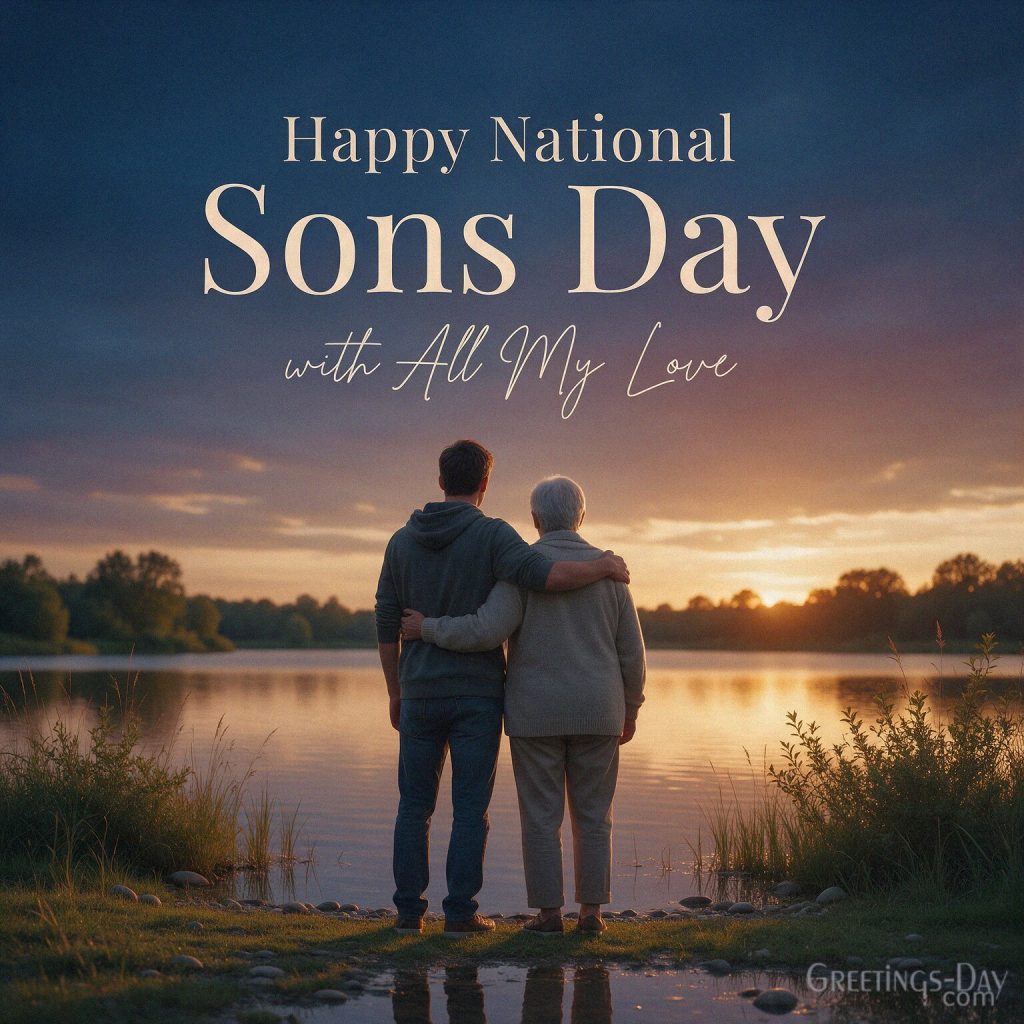 Happy National Sons Day with All My Love image featuring a parent and adult son by a lake with the text 