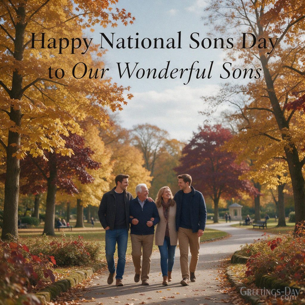 Happy National Sons Day image for two wonderful sons walking with their parents in autumn with the text 