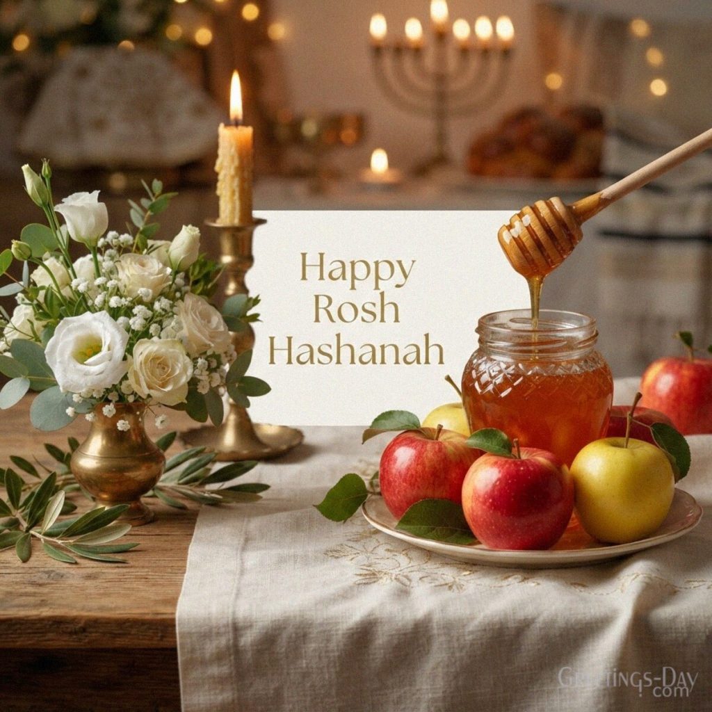 Happy Rosh Hashanah card with red and golden apples