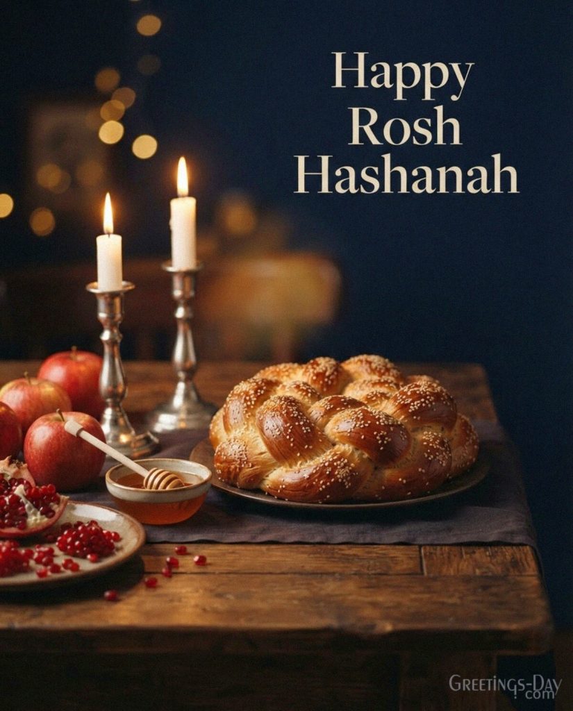 Happy Rosh Hashanah card featuring round challah