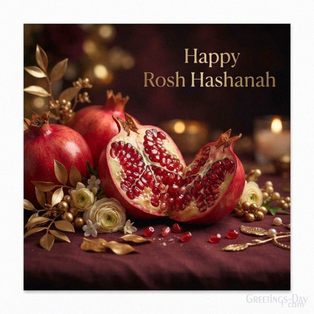 Happy Rosh Hashanah greeting card with ruby-red pomegranates