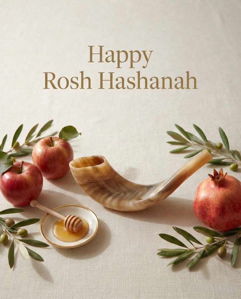 Happy Rosh Hashanah card featuring a traditional shofar with apples