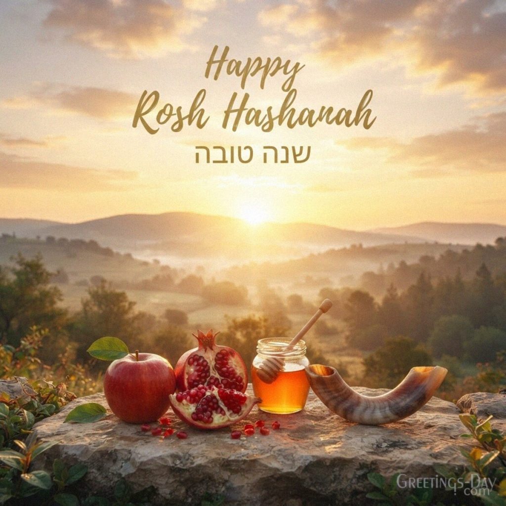 Happy Rosh Hashanah image with a golden sunrise