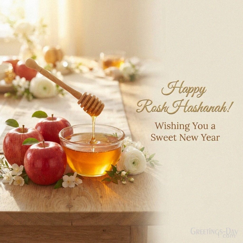 Happy Rosh Hashanah wishes image with apples and golden honey featuring the message “Wishing You a Sweet New Year.” with the text