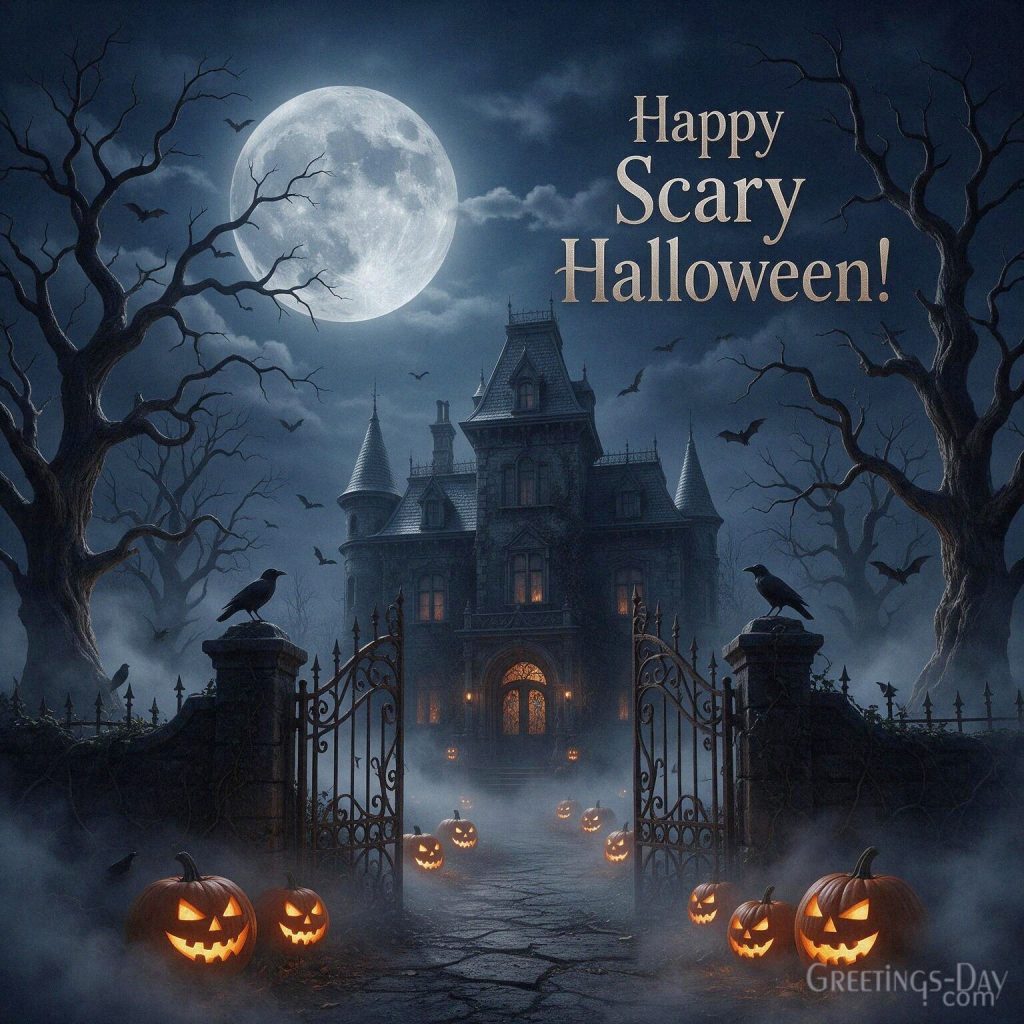 Happy Scary Halloween image with haunted Victorian mansion