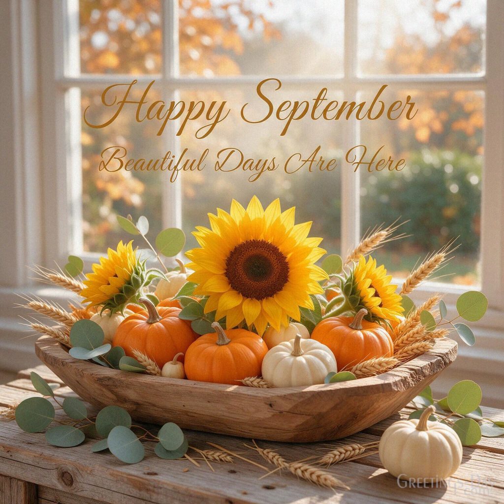 Happy September image with sunflowers and pumpkins featuring the uplifting message “Happy September