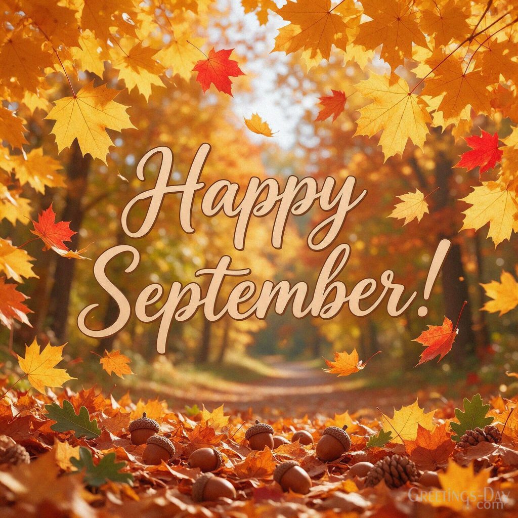 Happy September image with golden autumn leaves