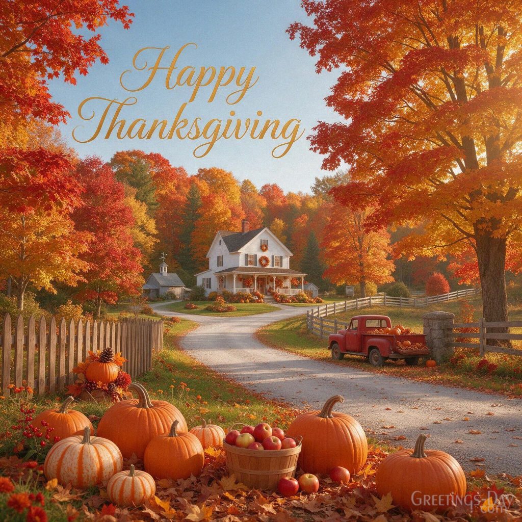 Happy Thanksgiving autumn image with a colorful fall countryside