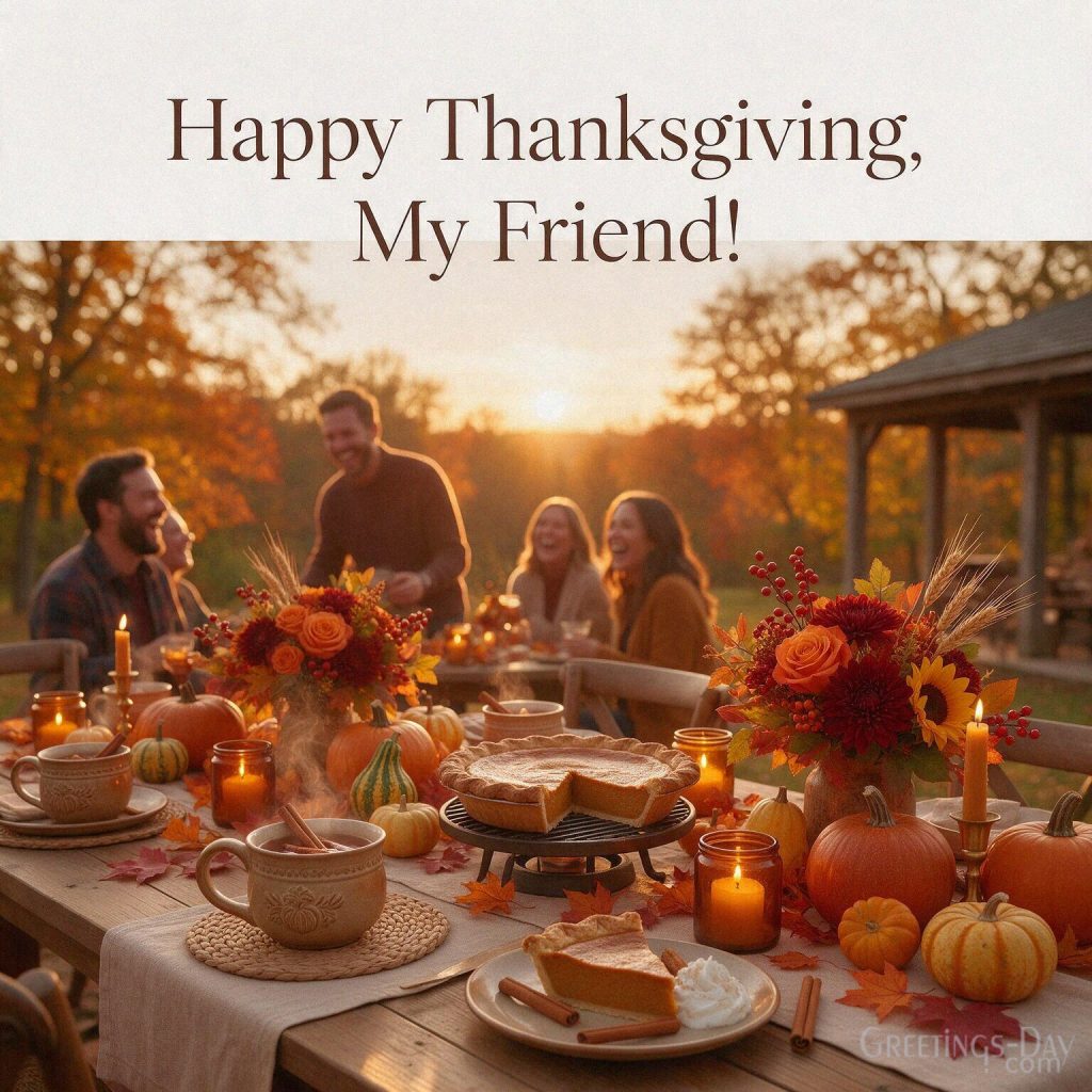 Happy Thanksgiving image for a friend with a cozy Friendsgiving gathering and the greeting “Happy Thanksgiving