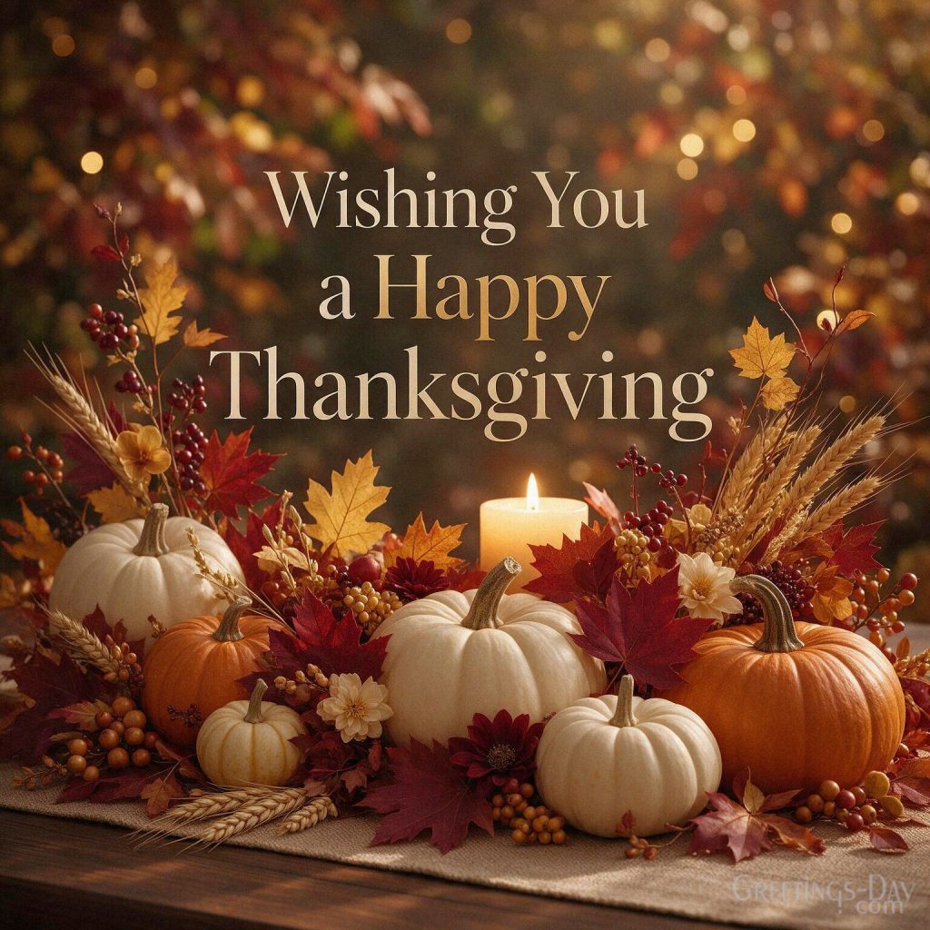 Happy Thanksgiving wishes with elegant autumn pumpkins and golden leaves featuring “Wishing You a Happy Thanksgiving” with the text 