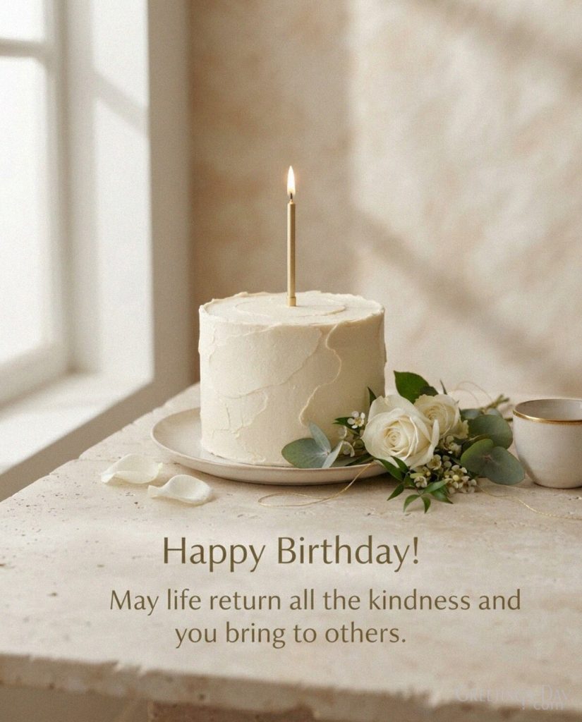 Heartfelt Happy Birthday Message image featuring “Happy Birthday! May life return all the kindness and happiness you bring to others.” with the text 