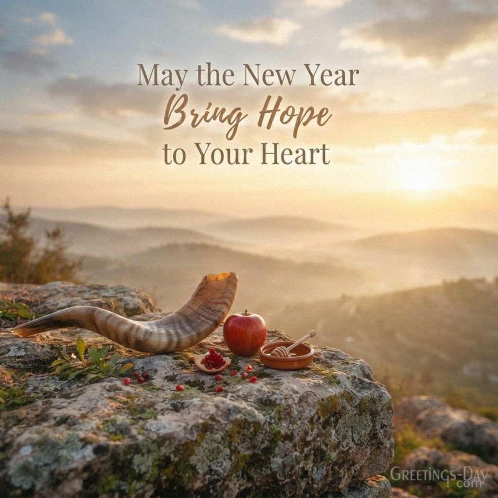 Heartfelt Rosh Hashanah wishes with a shofar at sunrise featuring the message “May the New Year Bring Hope to Your Heart.” with the text